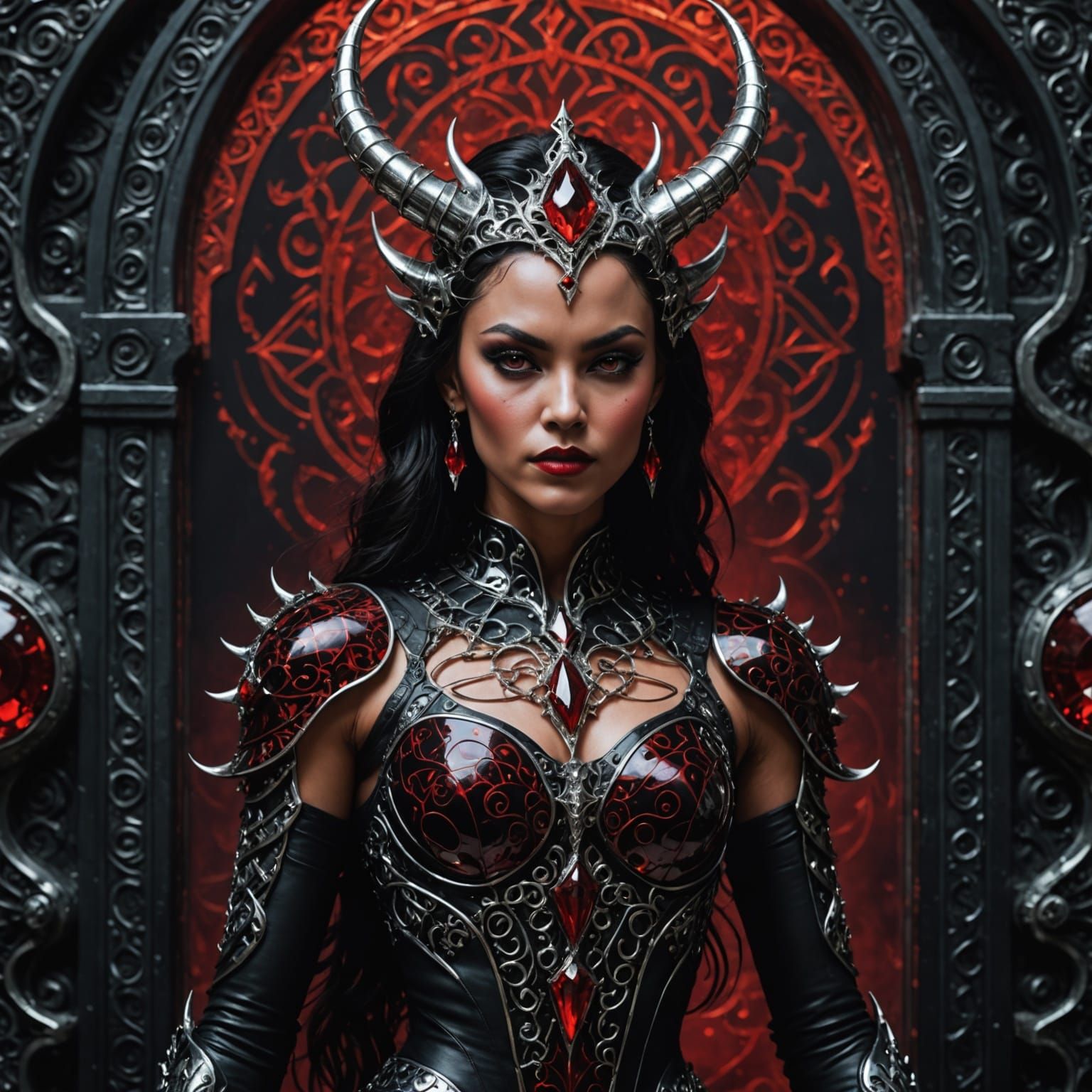 Chrome Demon Queen Portrait with Red Gemstones