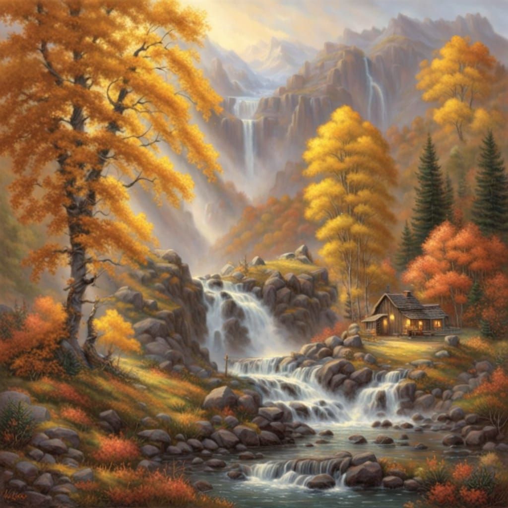 Ethereal Autumn Waterfall Landscape with Adobe Walls