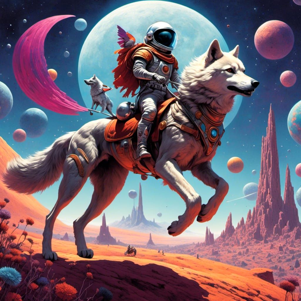 <lora:DDM4:1.0> An anthropomorphic  bird   knight  astronaut riding a four legged  Wolf  on an alien planet