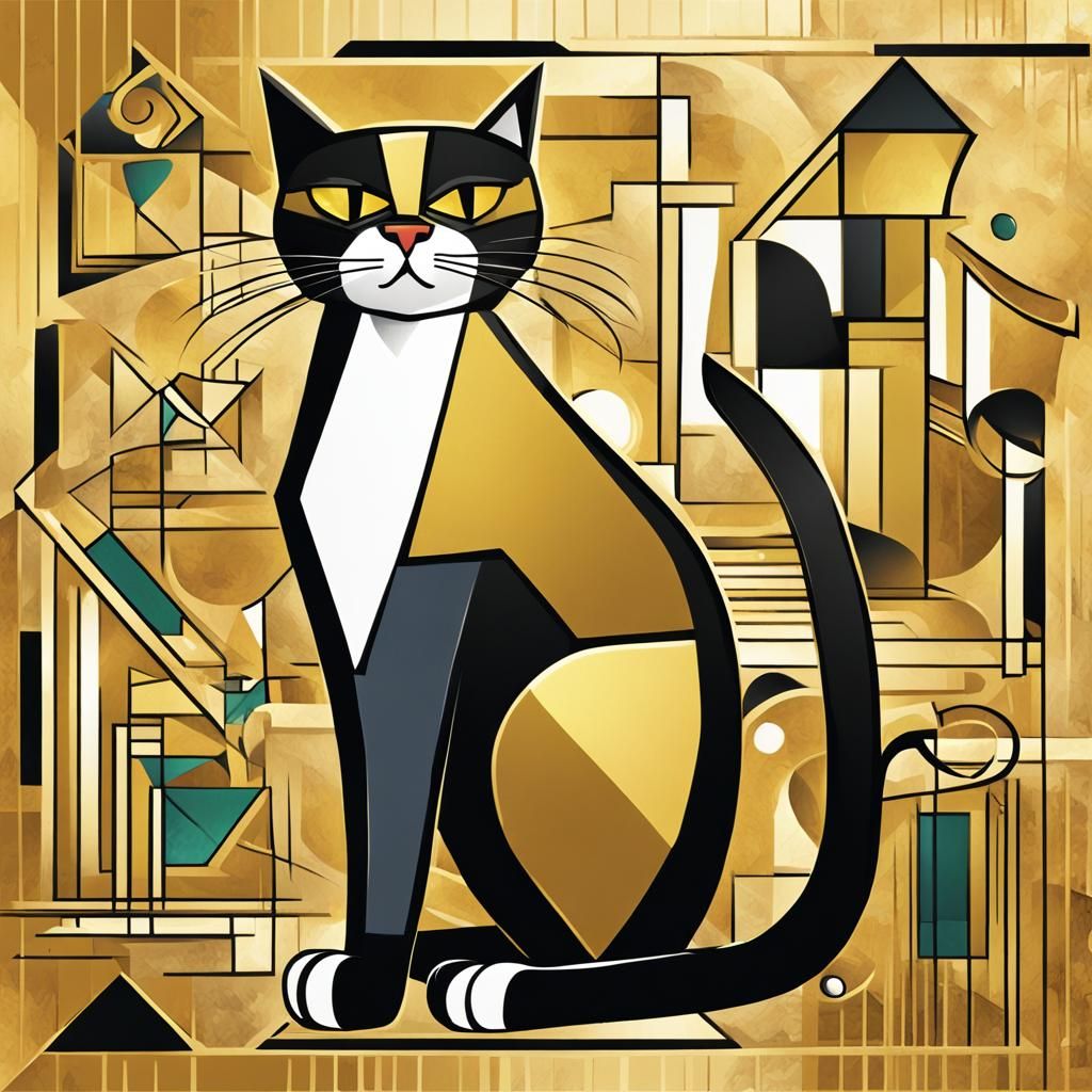 Funny Cat Caricature in Cubist Art Deco Style
