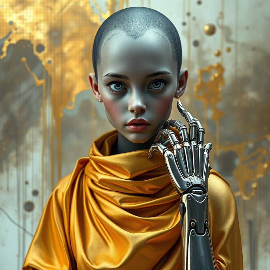 Girl in Metallic Gray Skin and Gold Fabric, Cyberpunk Style