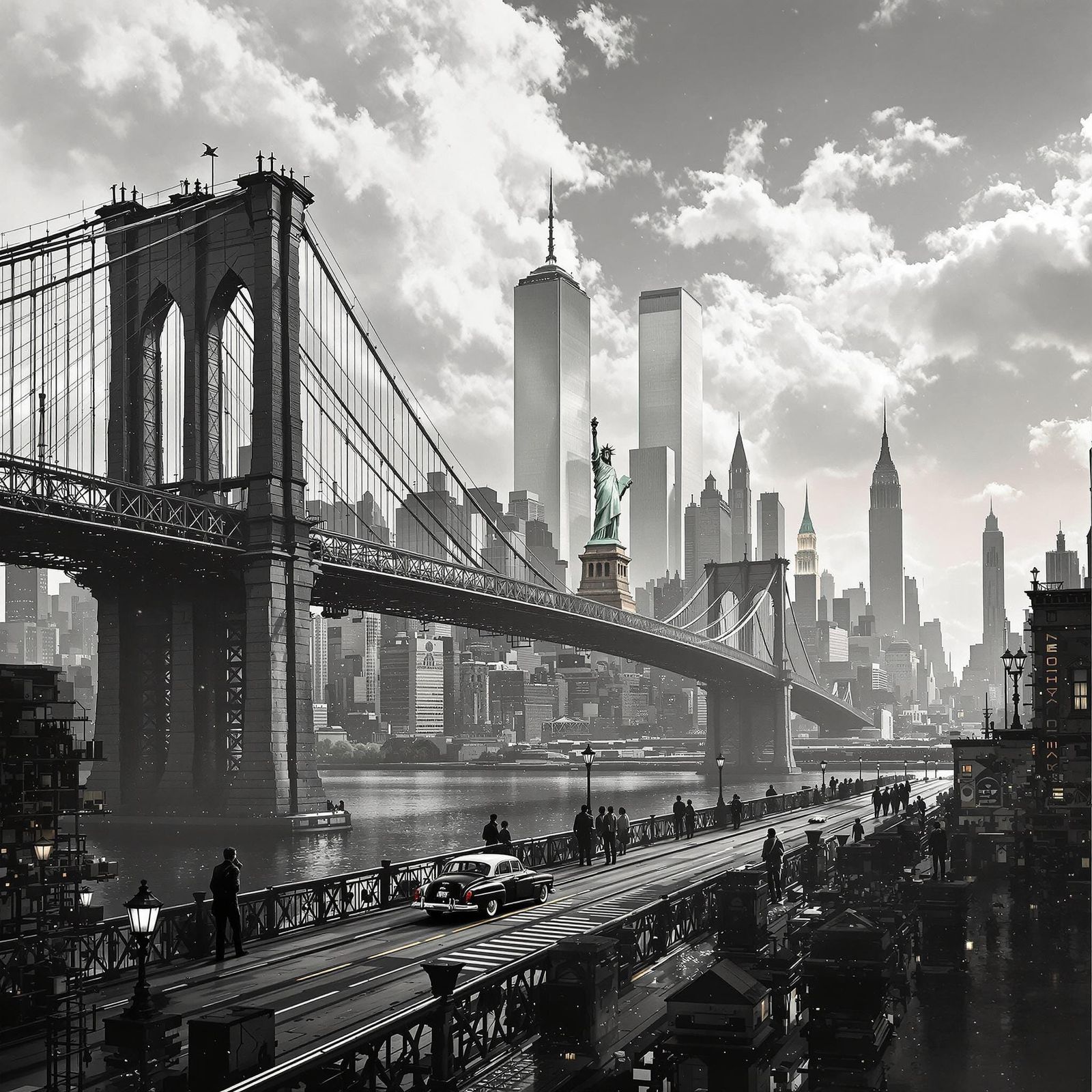 Industrial Futuristic New York Cityscape in Black and White