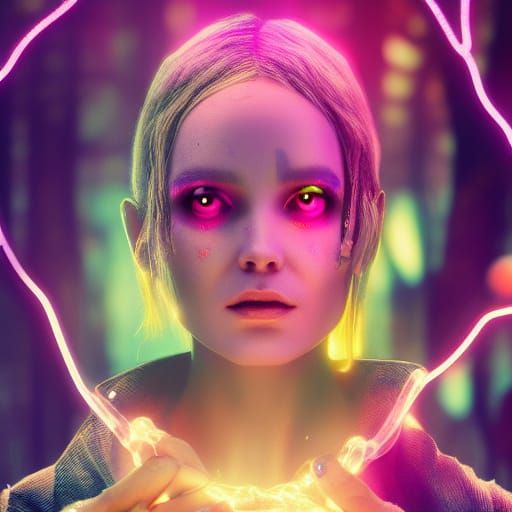 Cyberpunk Witch in Forest with Fairies