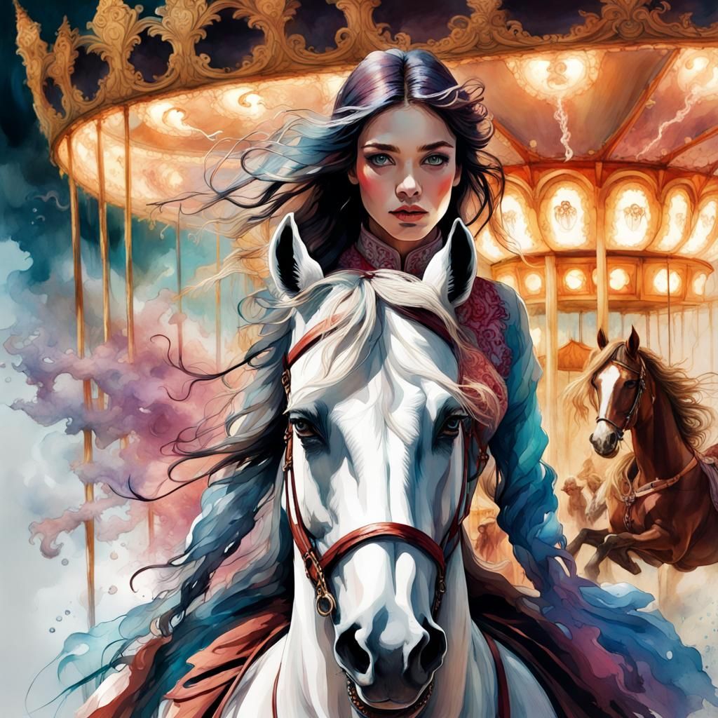 Woman on Carousel Horse Watercolor Illustration