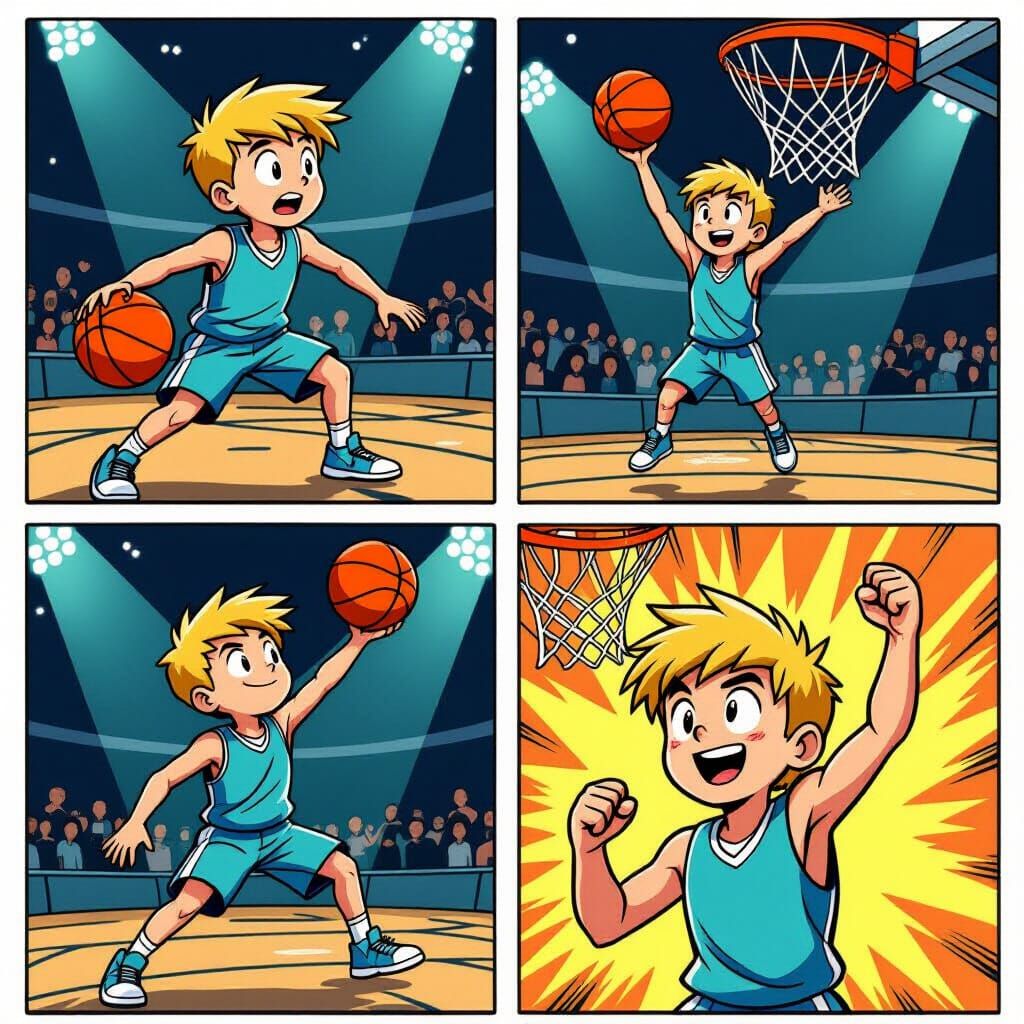 Teenager's Basketball Game in Dynamic Comic Art Style