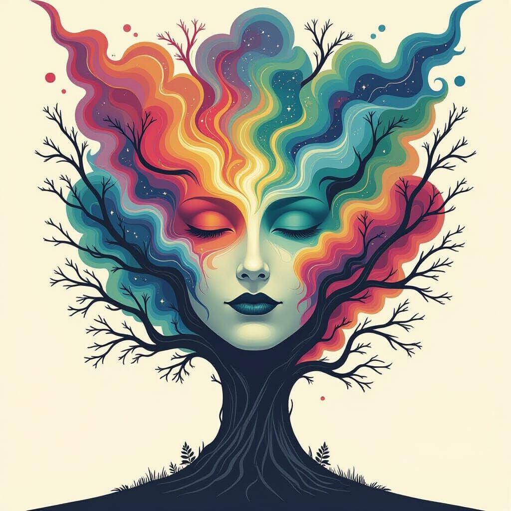 Nebula Eruption with Roman Face Tree, Art Nouveau