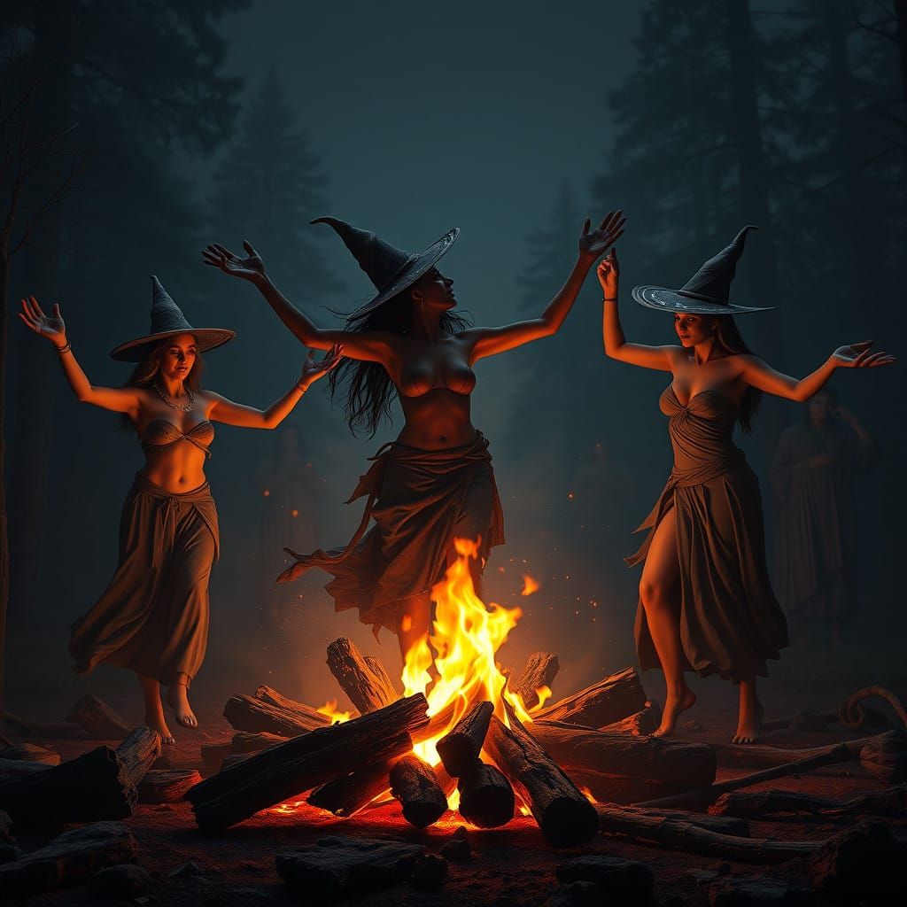 Sorceresses Dancing Around a Bonfire in a Fantastical Landsc...
