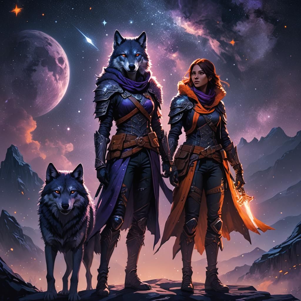 Ethereal Assassin and Wolf Against Starry Backdrop
