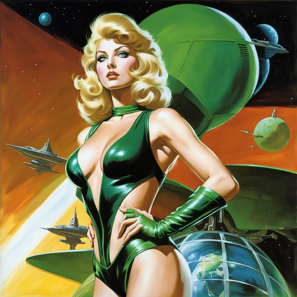 Anime-Style Barbarella in Green Bikini with Sci-Fi Landscape