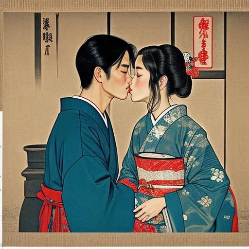 Romantic Kiss in Ancient Japanese Print Style