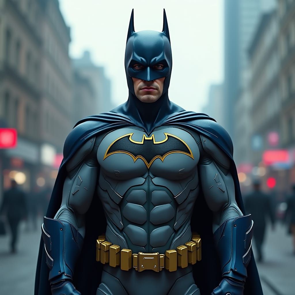 Futuristic Batman in Dystopian Cityscape