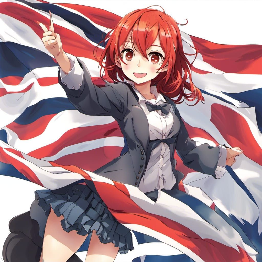 Smiling Redhead Waving Union Jack in Anime Style