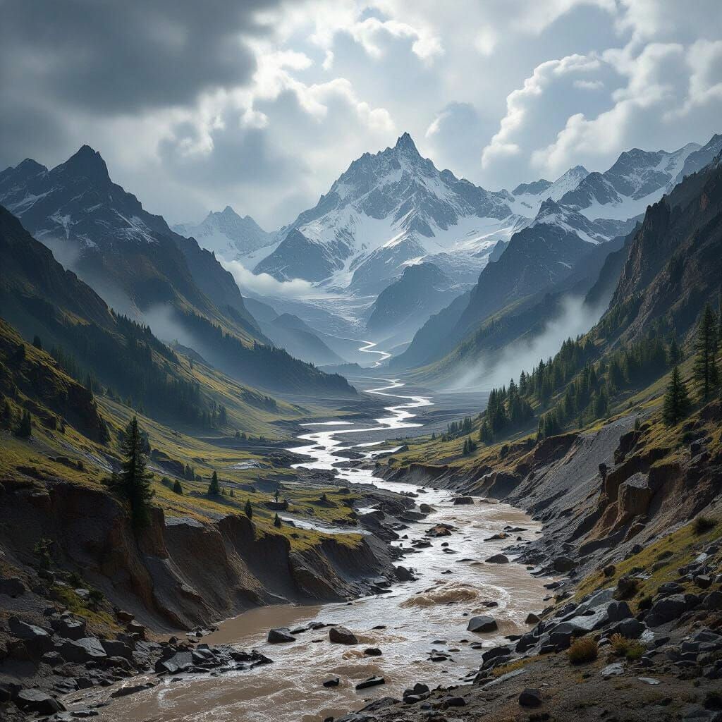 Alps Earthquake Devastation: Flooded Valley in Hyperrealisti...