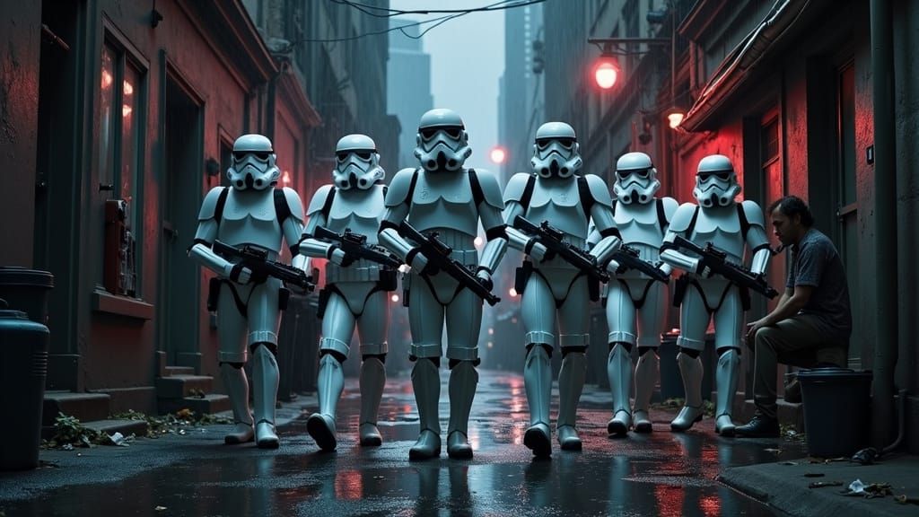 Stormtroopers Patrol Grimy Skid Row in Stark Urban Art Style