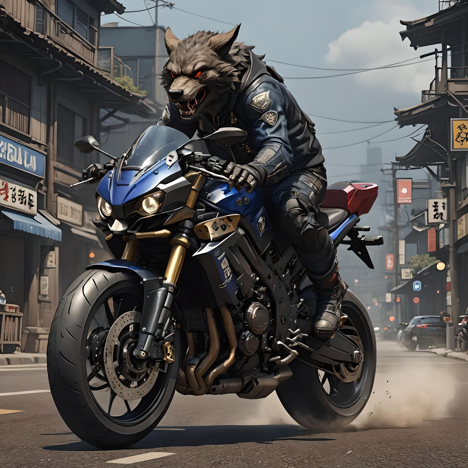 Werewolf Biker on Yamaha R7 in Anime Style