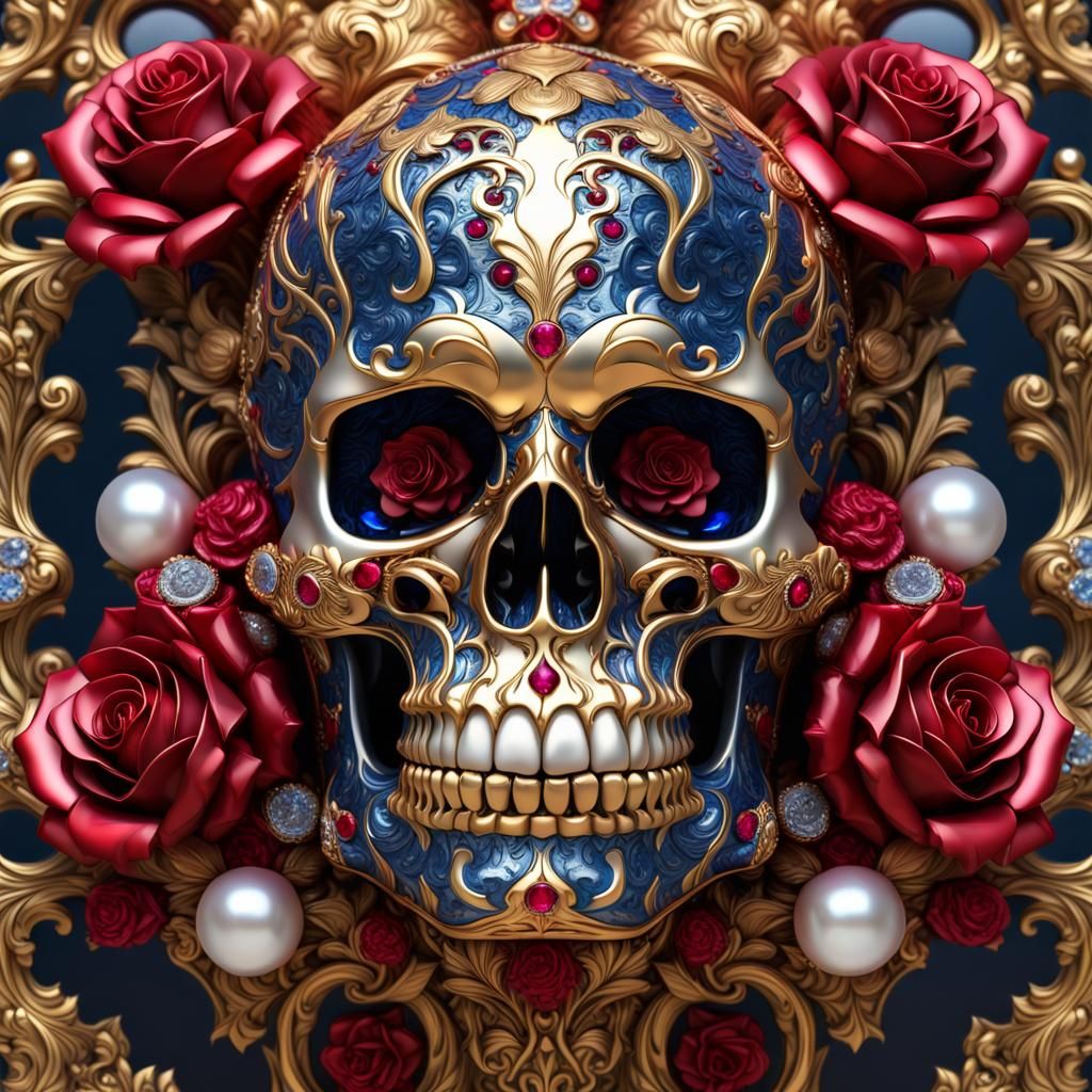 Ornate Skull with Ruby Roses in Baroque Style