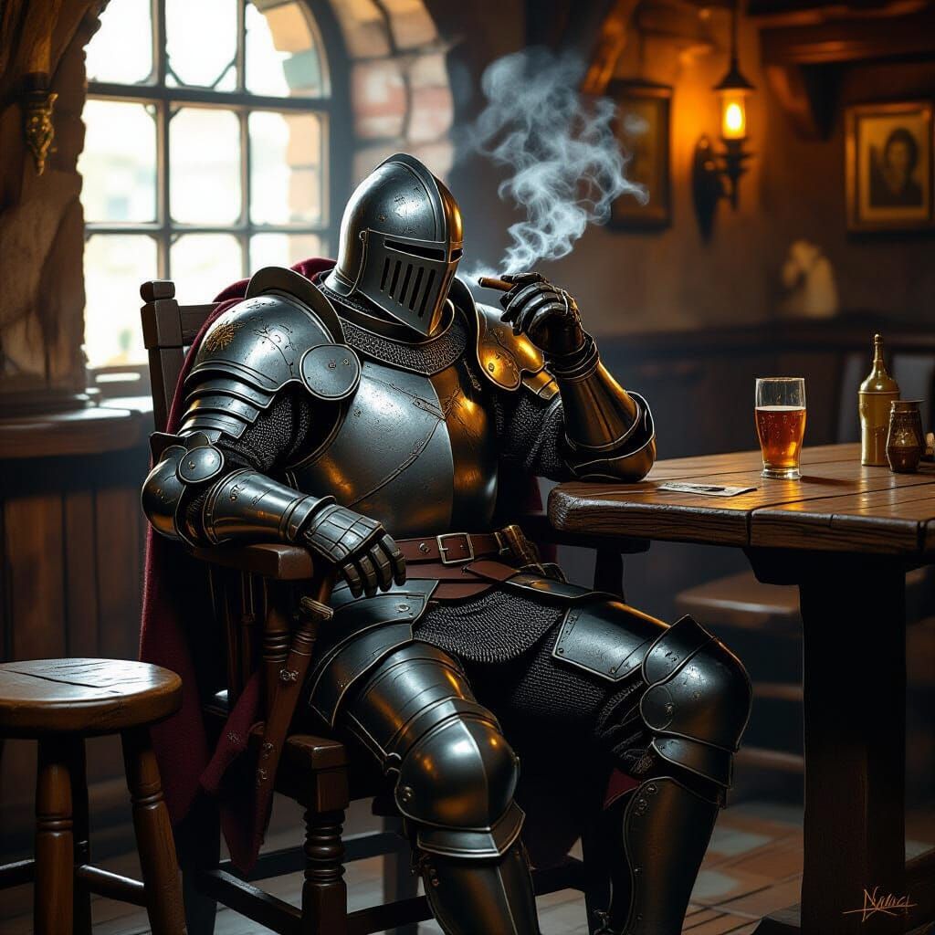 Knight Smoking Cigar in Inn, Golden Lighting