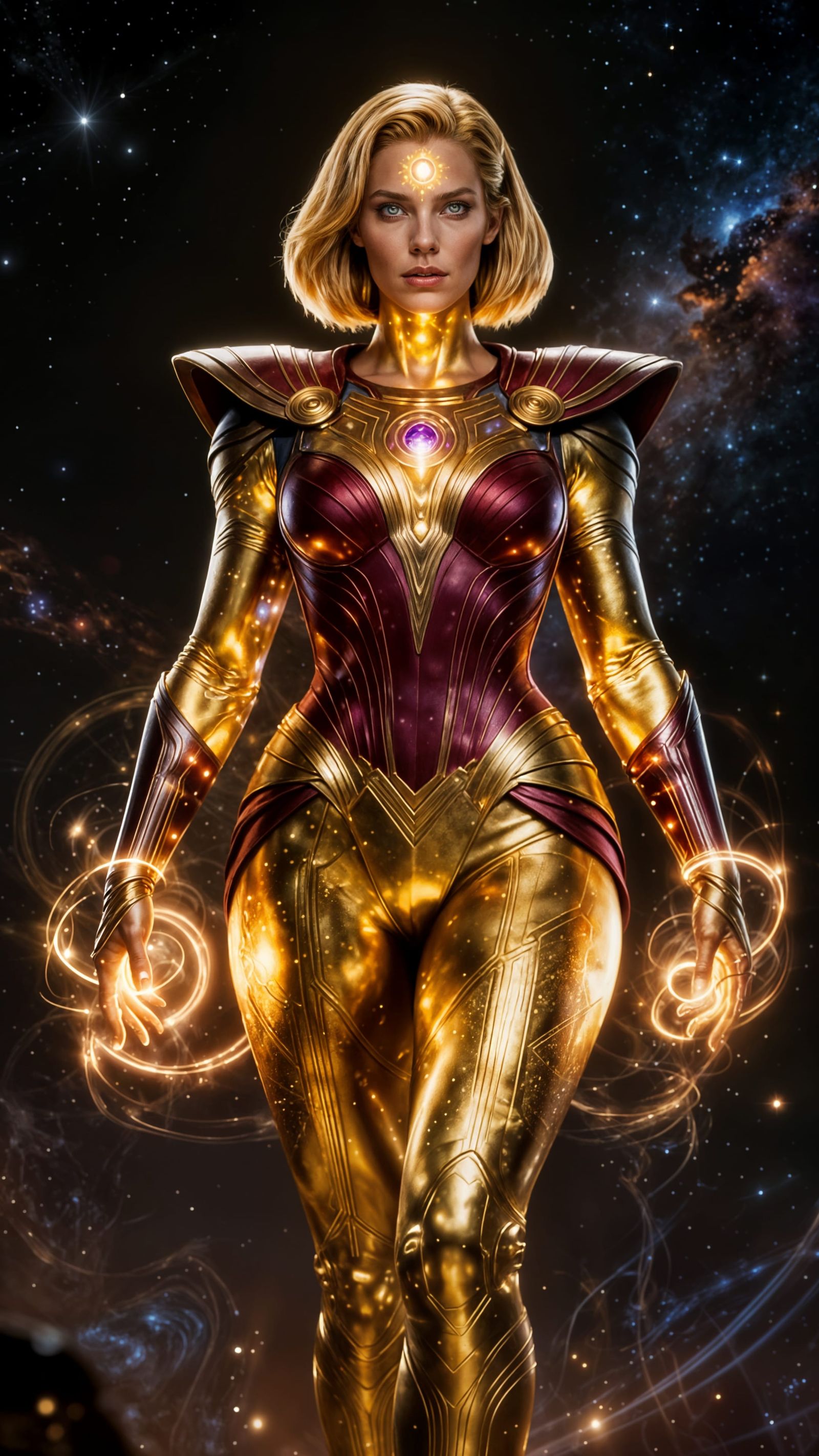 Cosmic Deity With Golden Skin and Crimson Armor