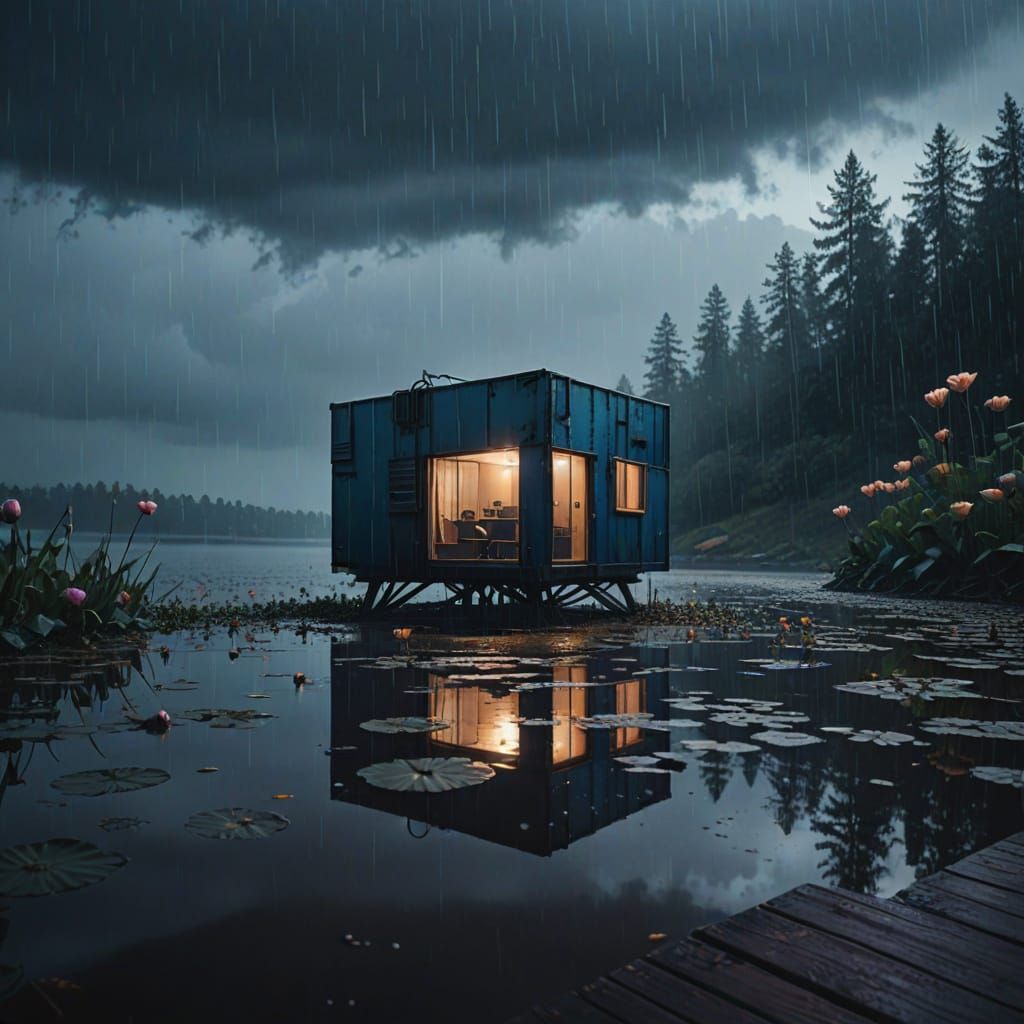 Moody Futuristic Cabin Amidst a Lotus-Filled Lake