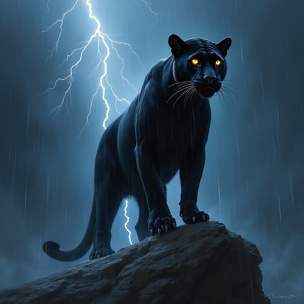 Majestic Black Panther in a Turbulent Thunderstorm Landscape