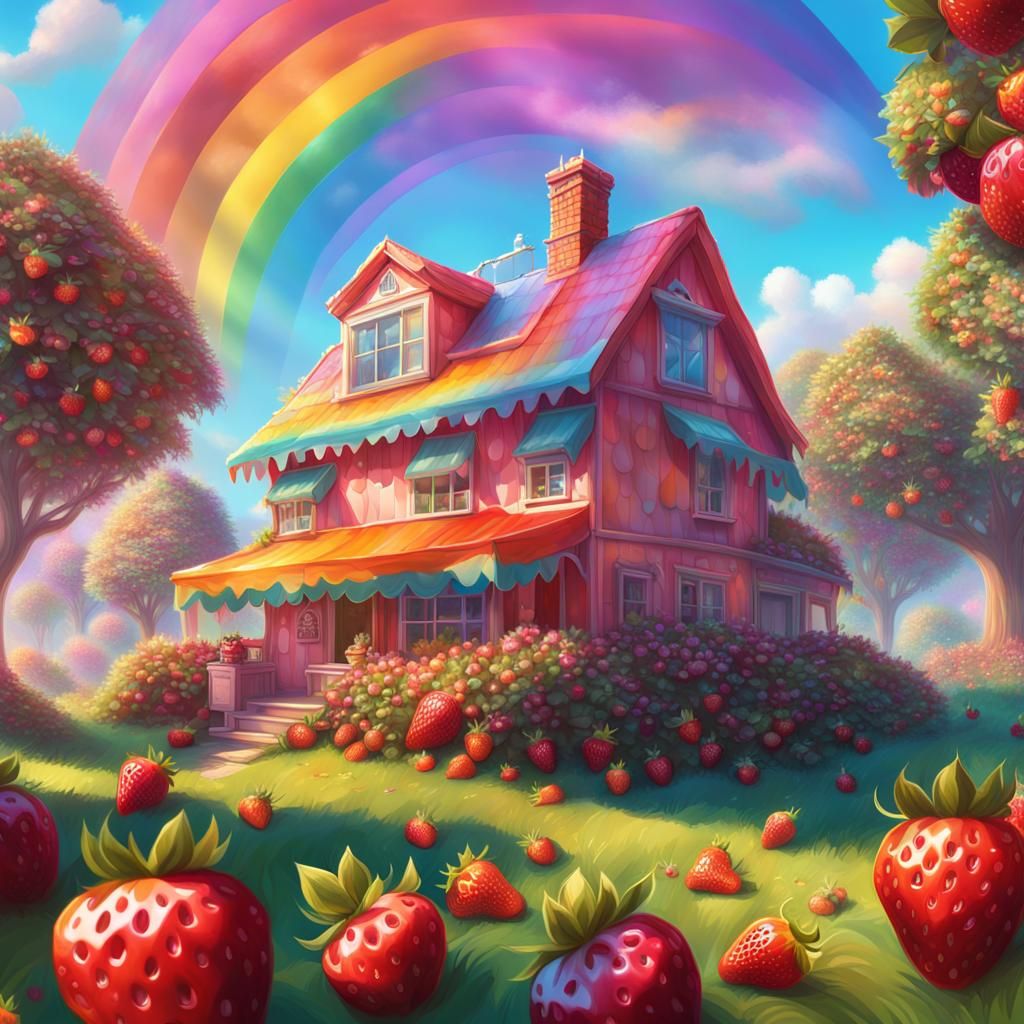 Candy House in Fruity Meadow: Hyperrealistic Illustration