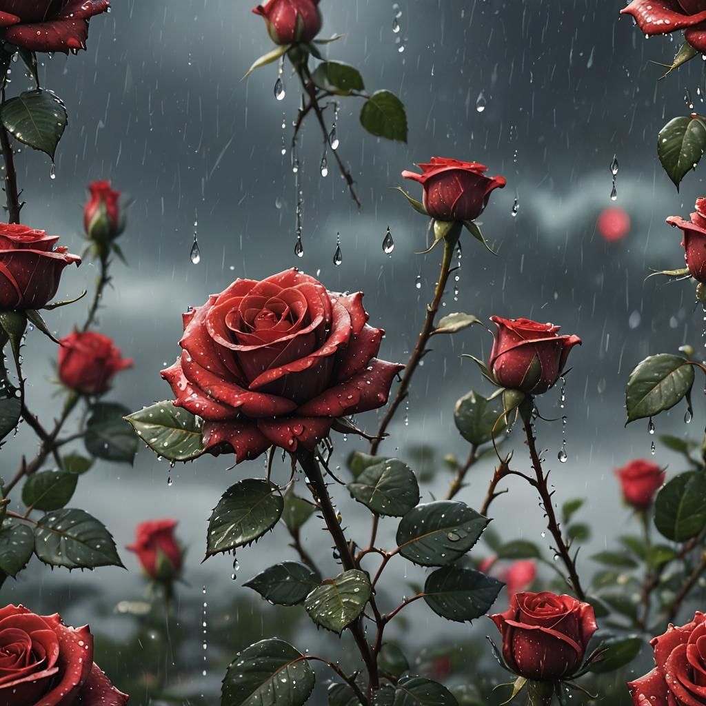 Red Rose with Raindrops: Detailed Matte Painting