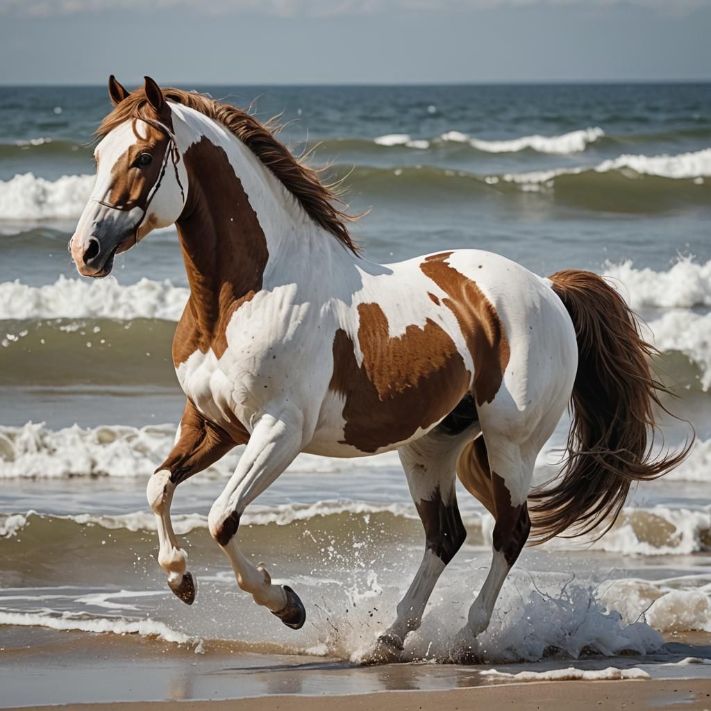 Majestic Paint Horse Rearing on Beach