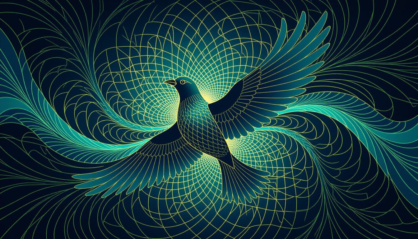 Abstract Fractal Bird with Gold Energy Lines