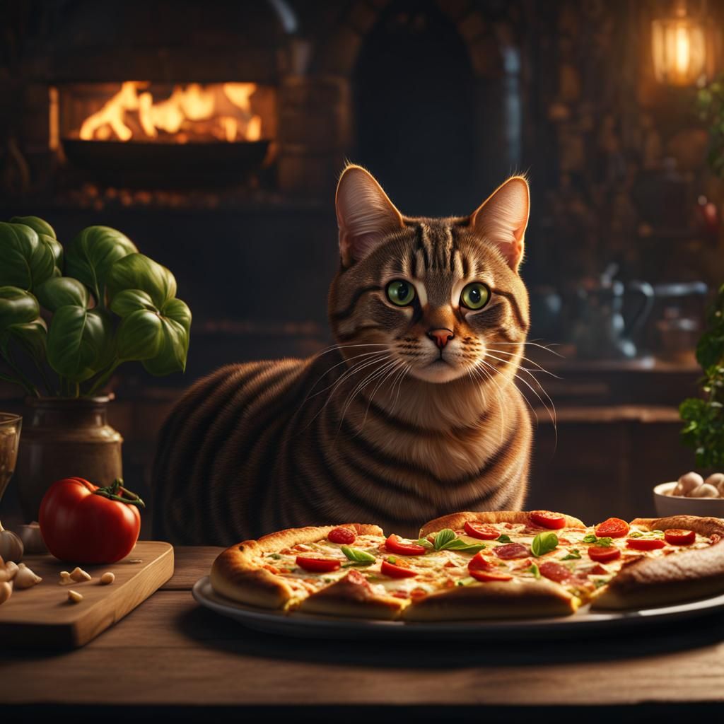 Tabby Cat's Feast: Pizza, Garlic Bread, and a Show