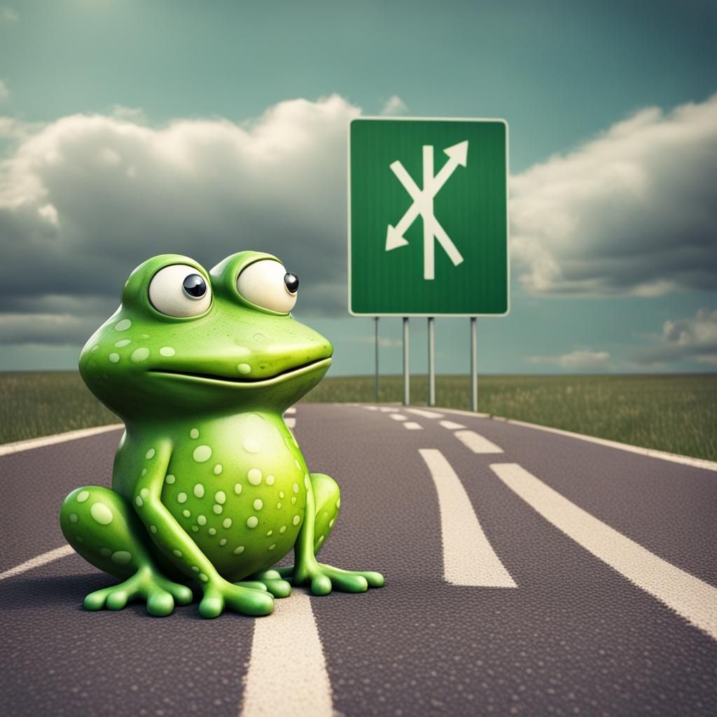 Frog-Like Cars on a Road with Crossed Onion Sign