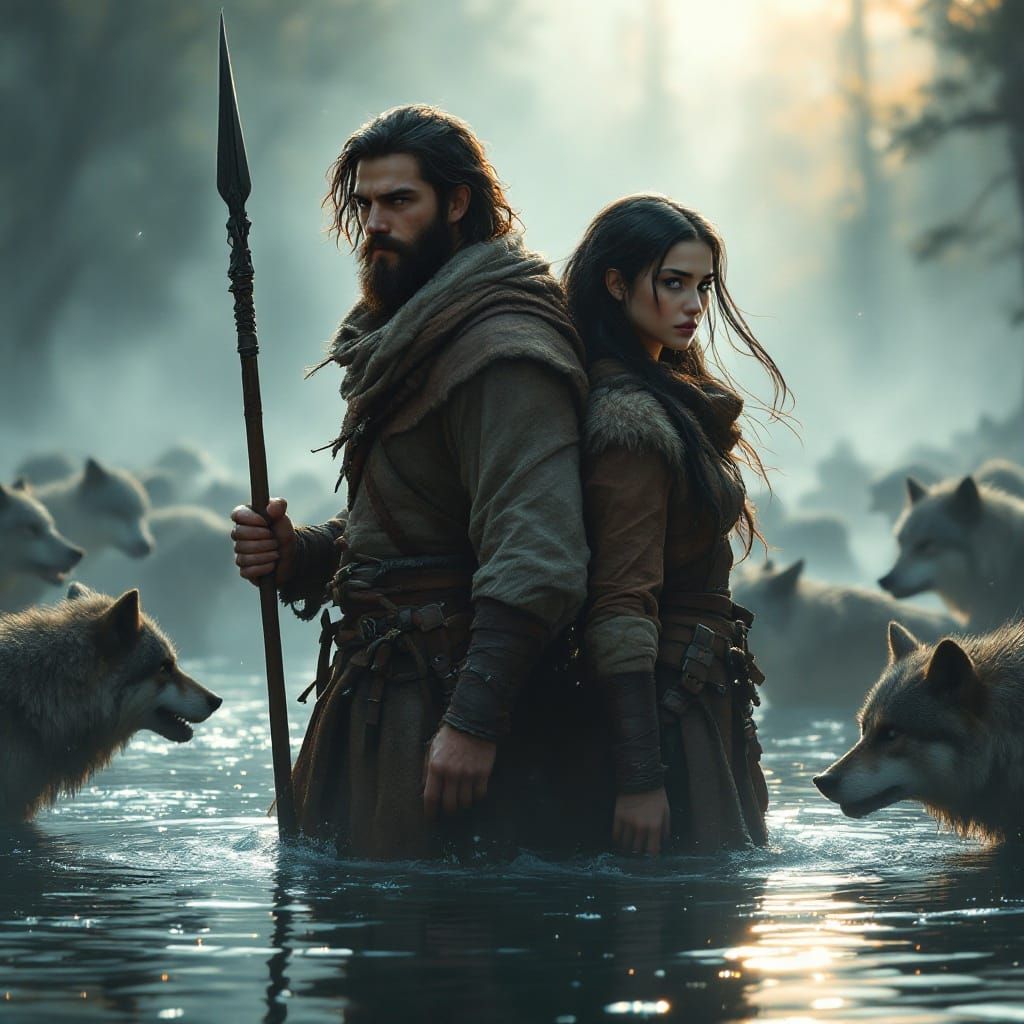 Medieval Travelers Under Siege by Wolves in Hyperrealistic L...