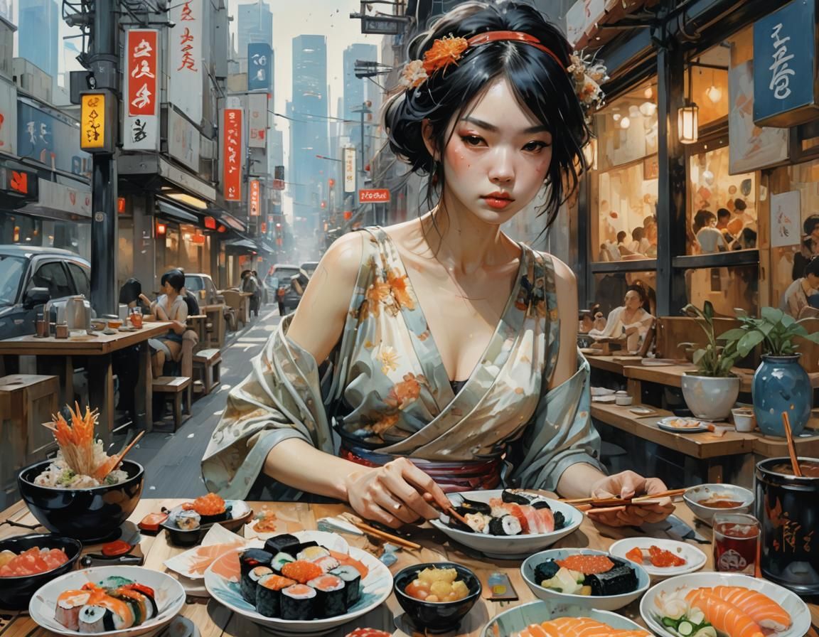 Woman in Sundress Eating Sushi, Detailed Digital Art