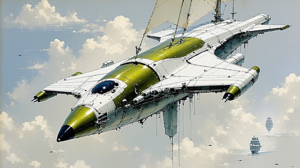 Futuristic Pirate Ship Gliding Through Clouds