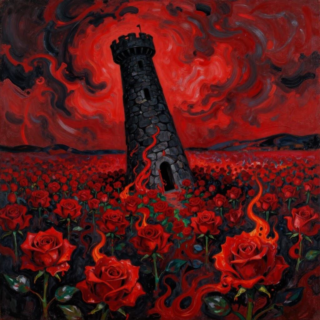 Crimson Roses Surround Dark Tower in Expressionist Style