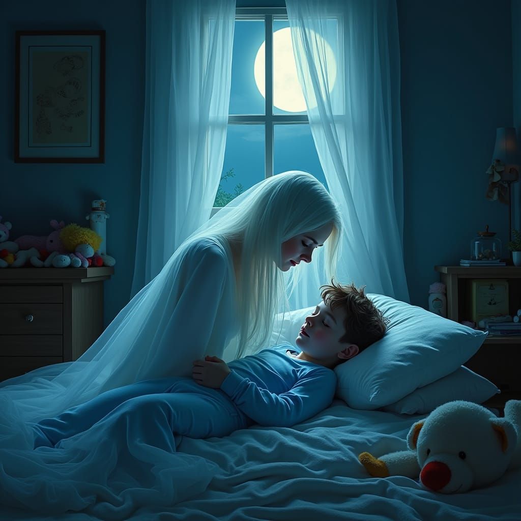 Ethereal Ghost Watching Over Sleeping Boy