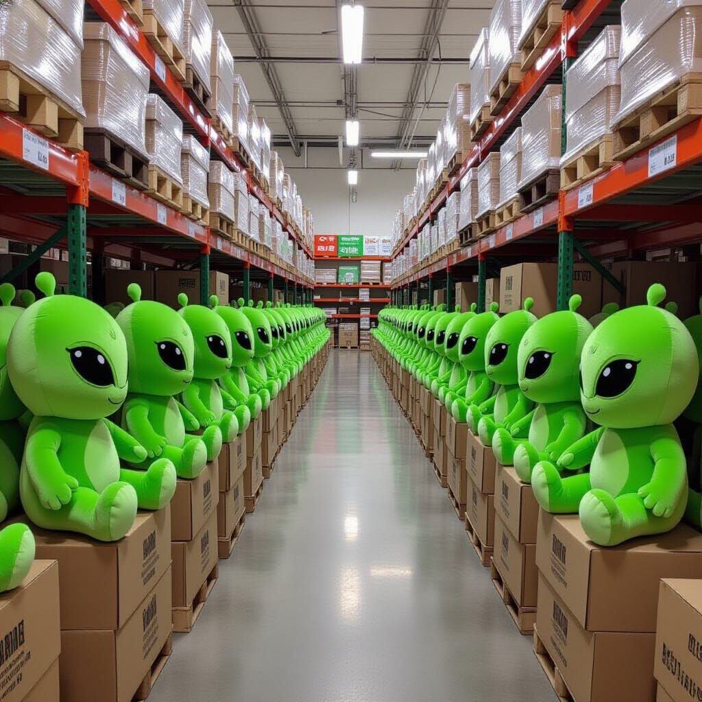 Supermarket Aisle of Green Alien Plush Toys