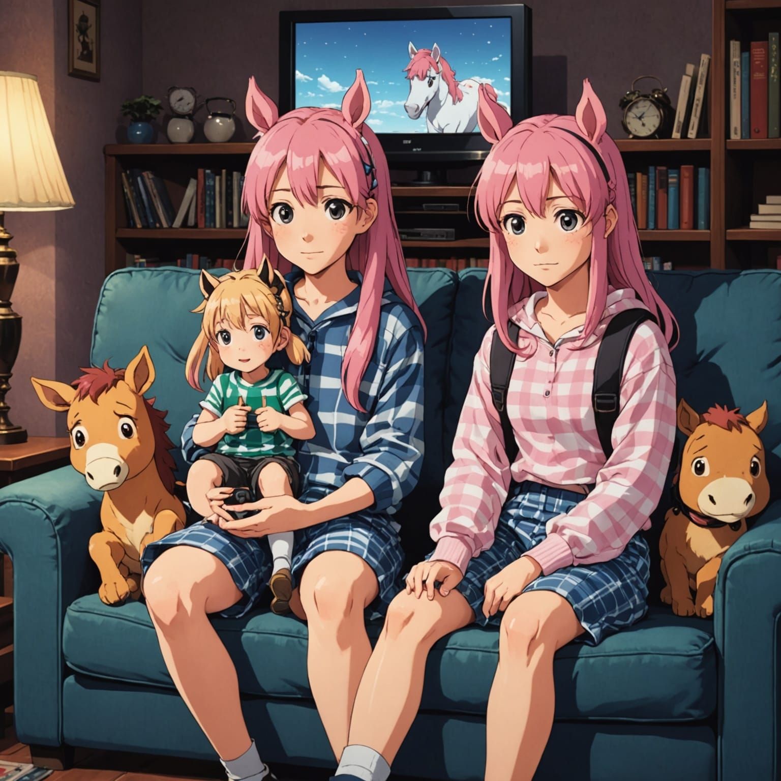 Adorable Anime Trio Enjoys Cozy Night in Front of TV
