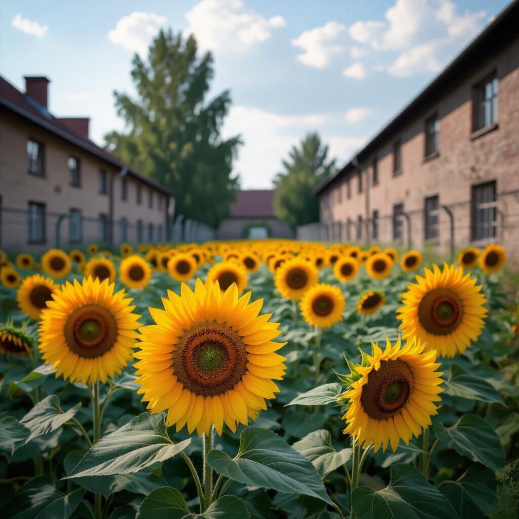Sunflowers Bloom Amidst Grim Concentration Camp Setting