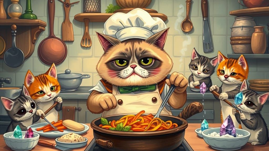 Whimsical Chef Cat Surrounded by Mischievous Kittens