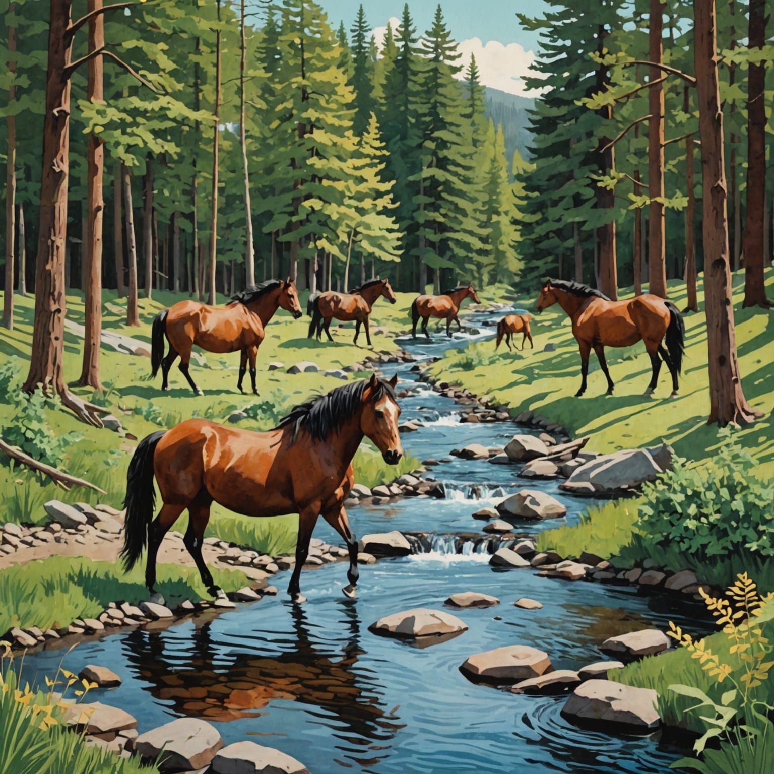 Wild Horses Paper Collage in Woodland Scene
