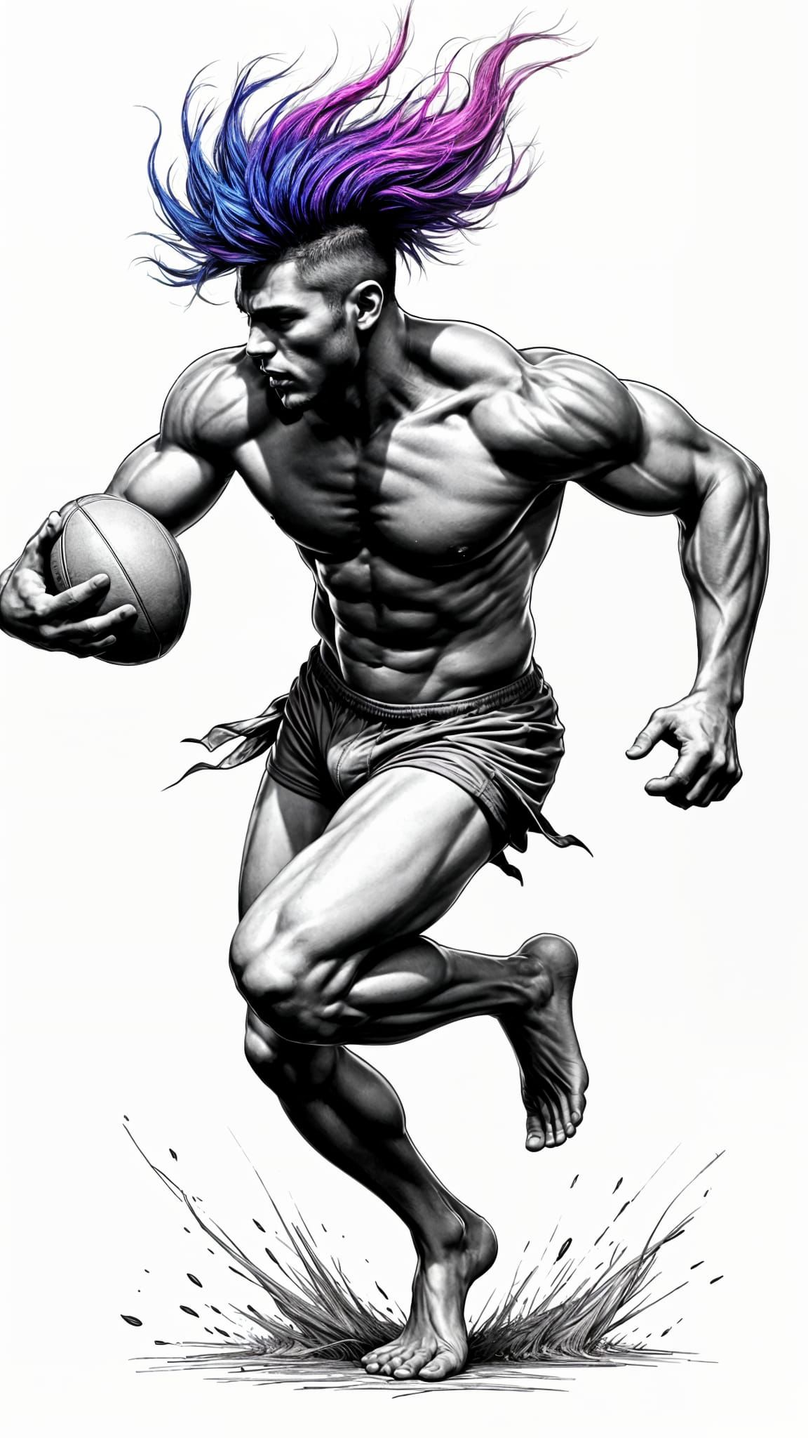 Toned Rugby Player in Black and White with Vibrant Hair