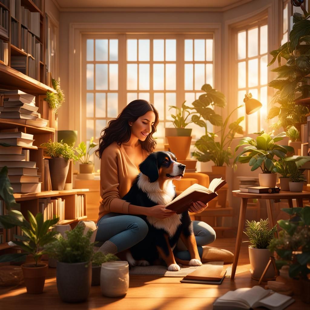 Cozy Sunny Room with Woman, Dog and Books