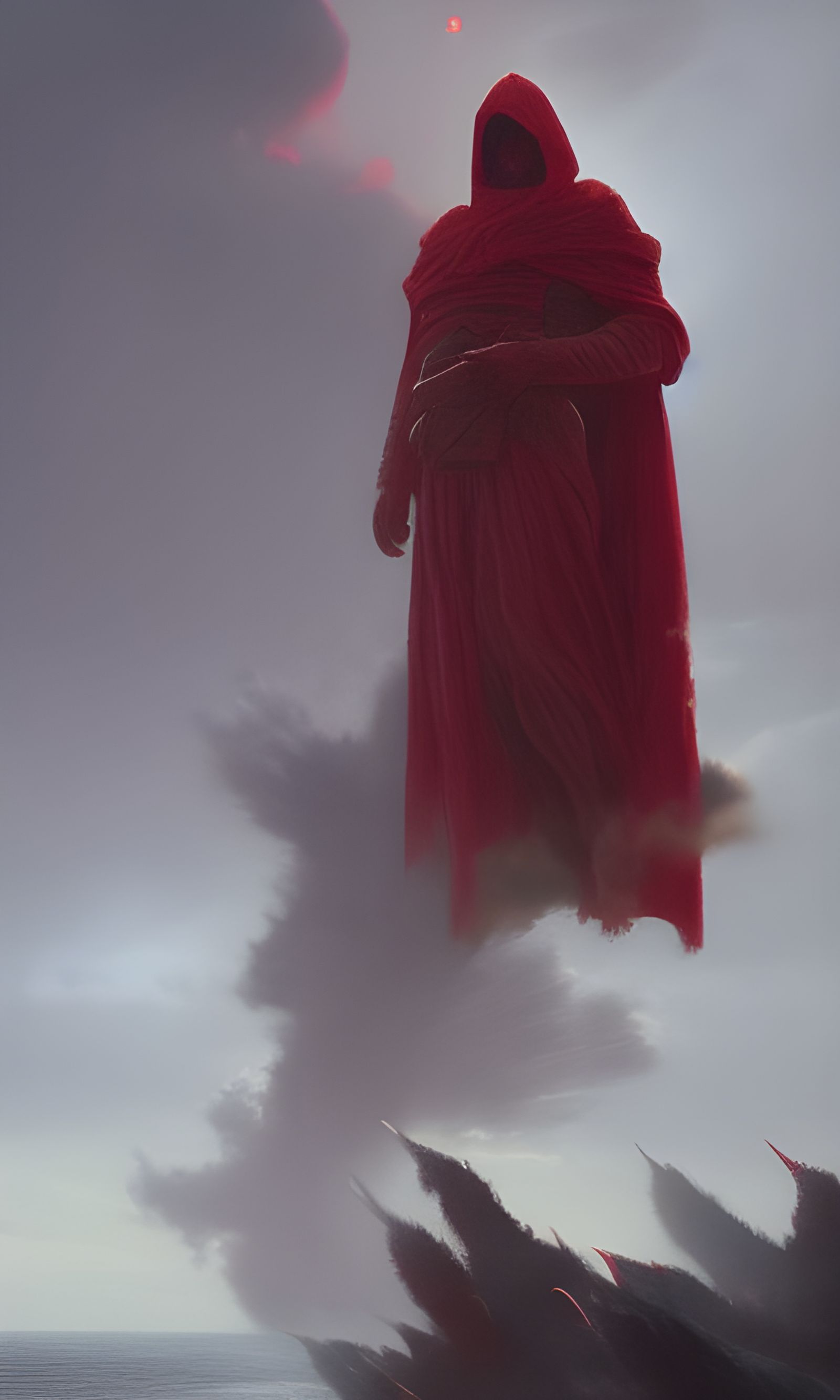 Red Cloak Figure Facing Doom at Sea
