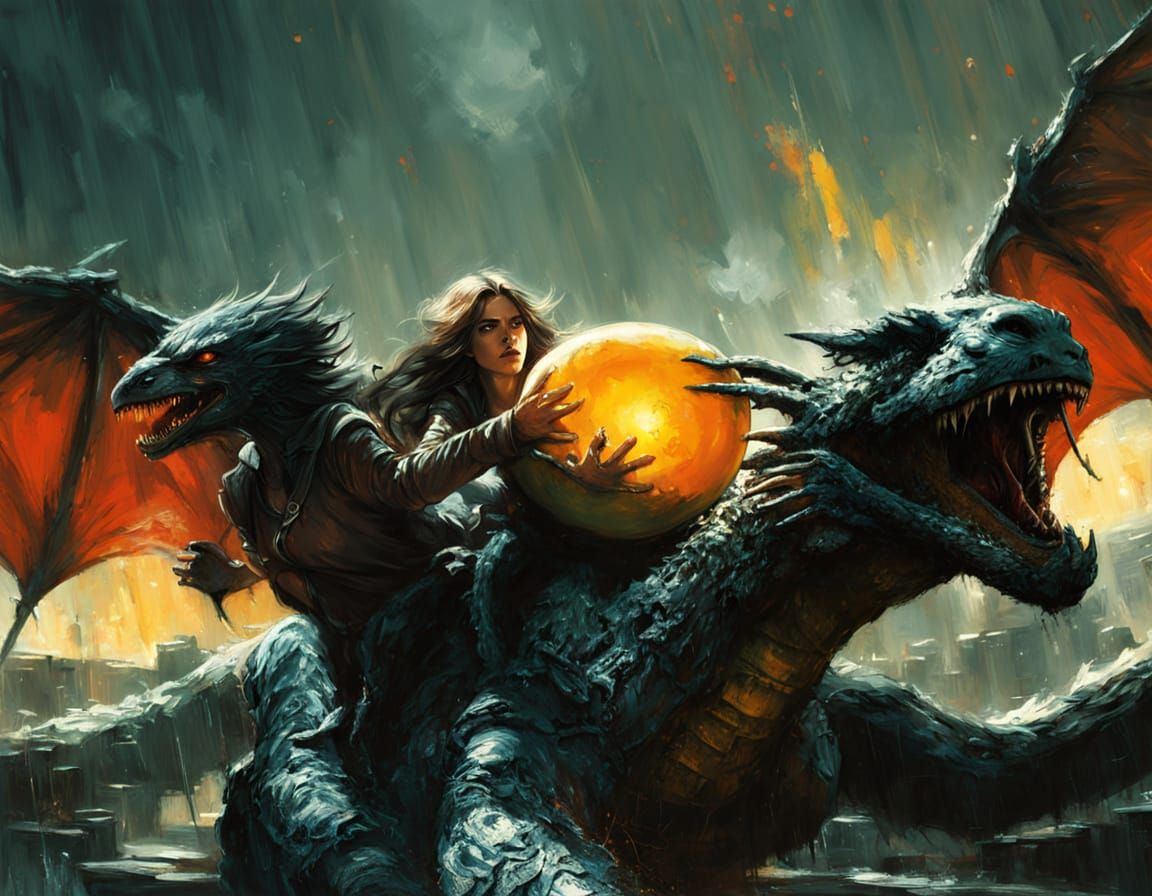 Goth Pirate Woman Cradles Alien Egg on Dragon