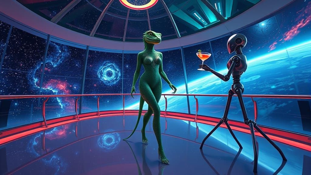 Lizard Woman in Futuristic Star Cruise Hall