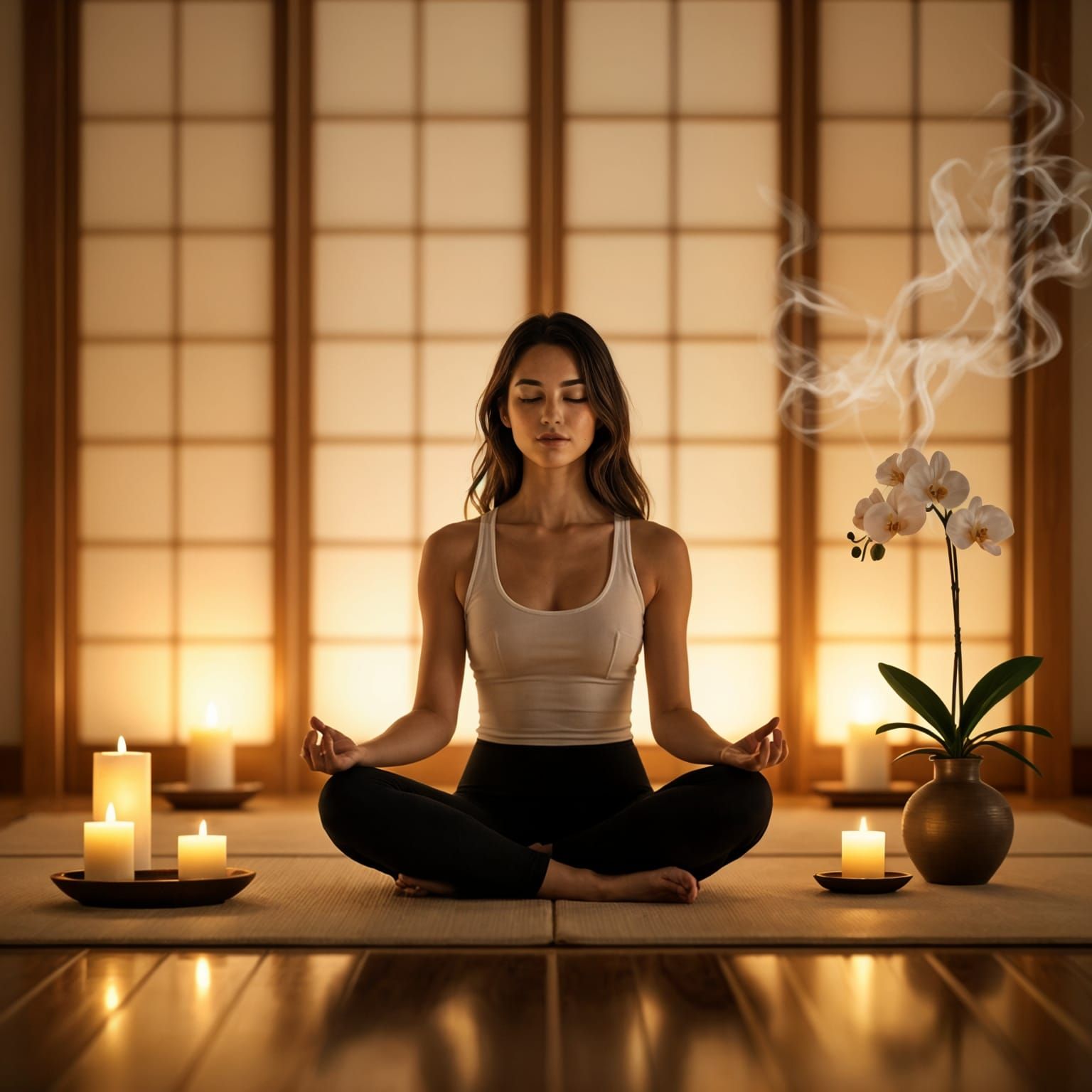 Serene Meditation Room with Woman in Lotus Pose