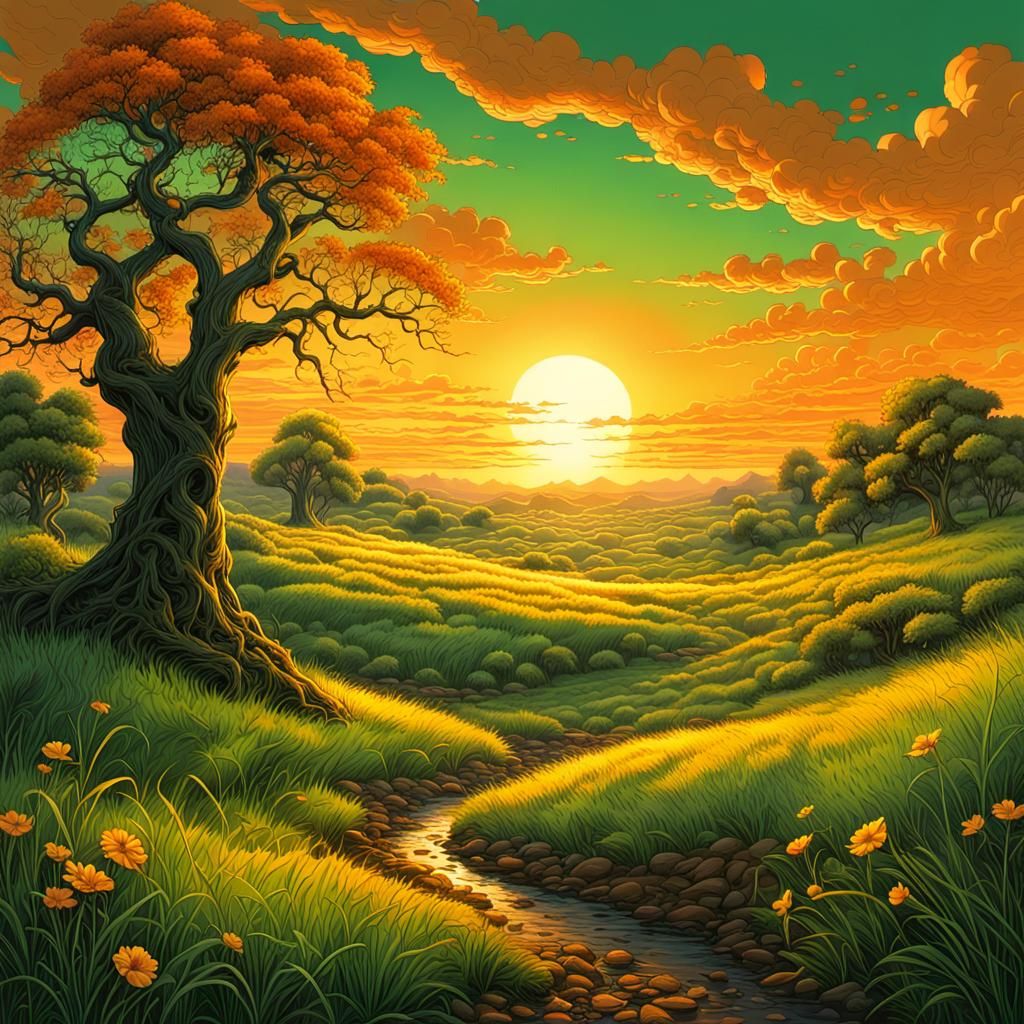 Vibrant Spring Sunrise in Comic Book Art Style