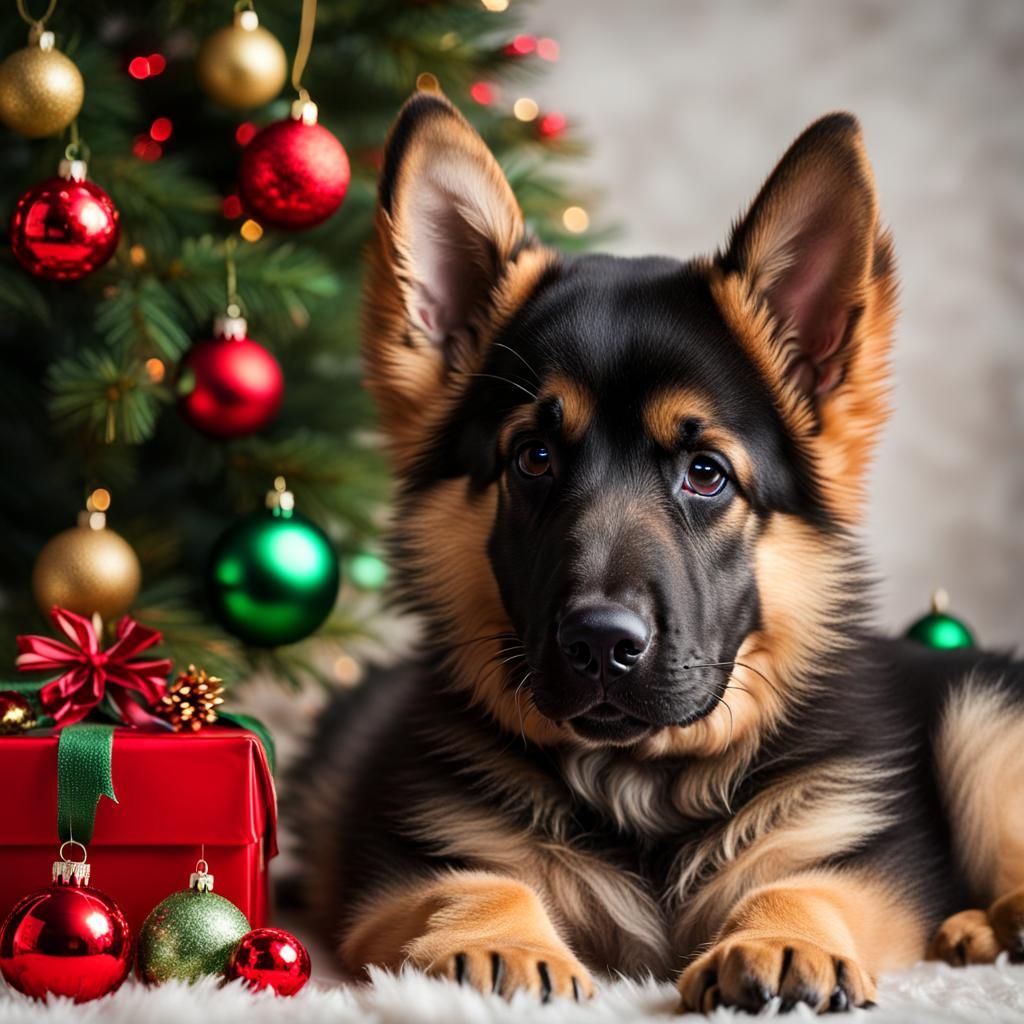 Sweet German Shepherd Puppy Christmas Scene
