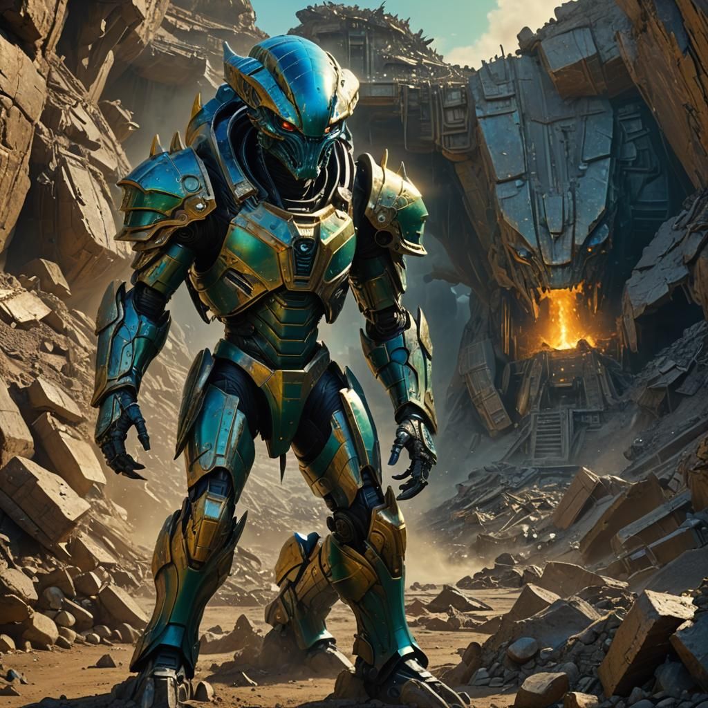 Armored Alien General Amidst Ravaged Gold Mine