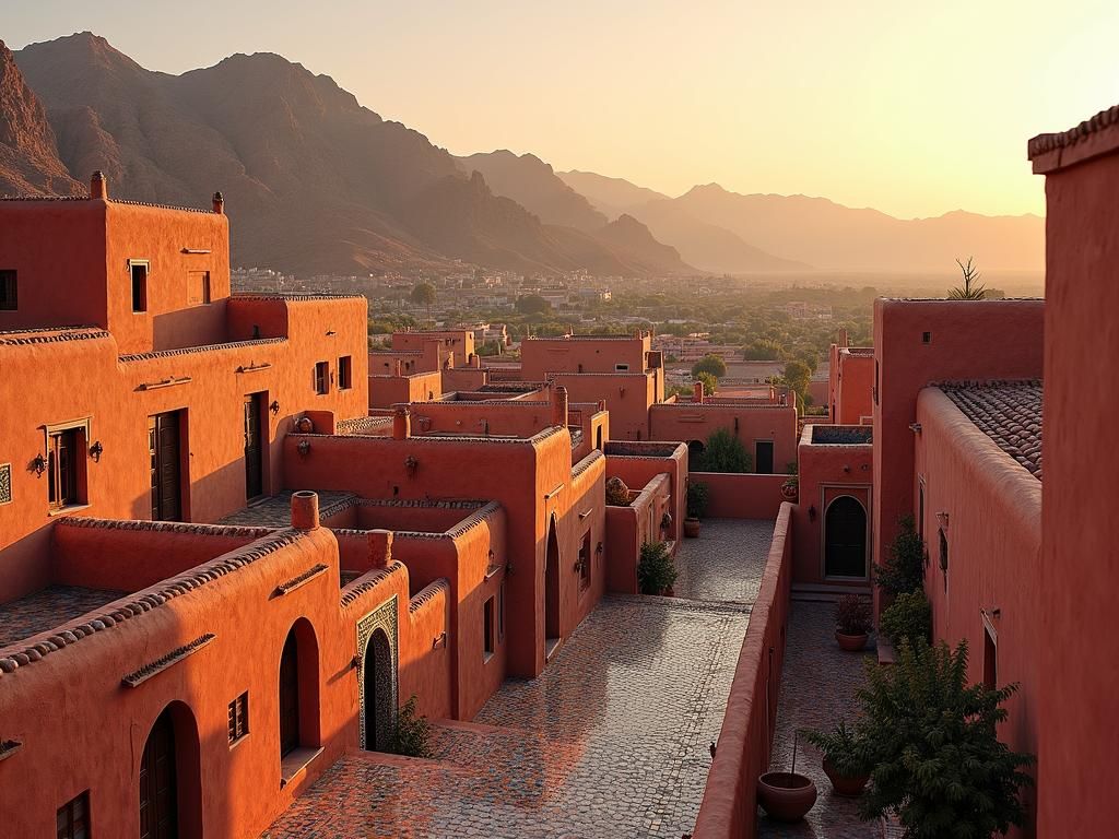 Moroccan Village with Zellij Mosaics at Sunset